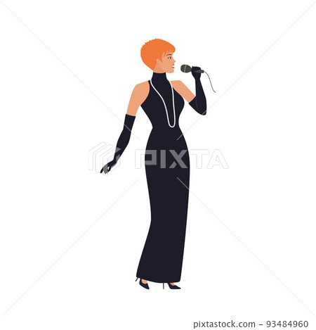 Singer in concert dress singing into microphone. Isolated on white background Singer in concert dress singing into microphone. Isolated on white background 93484960