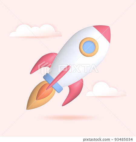 3d render rocket launch, startup business concept. Spaceship with clouds on pink background. Vector illustration 93485034