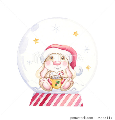 Cute bunny with a red cap and a cup. Watercolor illustration. 93485115