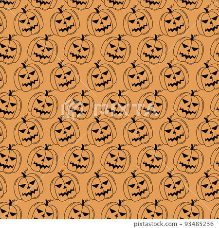 Halloween doodle pattern. Black pumpkin lanterns on orange background. Vector seamless illustration. Halloween holiday sketch symbols jack lanterns. Hand drawn elements 93485236
