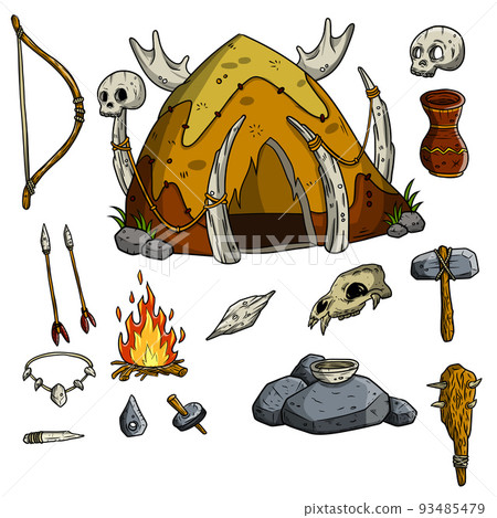 Set of caveman items. Hut of skins and bones, wooden club, skull of animal. Lifestyle of primitive man. Cartoon illustration Set of caveman items. Hut of skins and bones, wooden club, skull of animal. Lifestyle of primitive man. Cartoon illustration 93485479