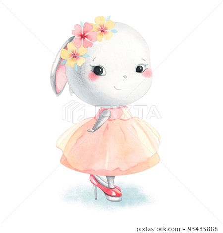 A little bunny in a smart dress and high-heeled shoes. Watercolor illustration. 93485888