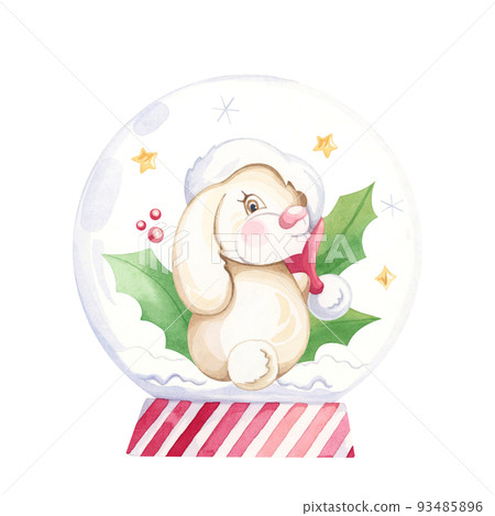 Cute bunny with a red hat. Watercolor illustration. Cute bunny with a red hat. Watercolor illustration. 93485896
