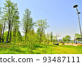 公園風景——樹木、草地、建築物等。 93487111