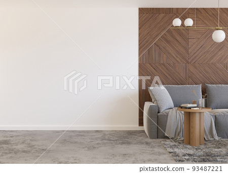 Wallpaper presentation mock up. Empty white part of the wall in modern living room. Copy space for your wallpaper design, wall stickers, picture, other decoration. Interior mockup. 3D rendering. Wallpaper presentation mock up. Empty white part of the wall in modern living room. Copy space for your wallpaper design, wall stickers, picture, other decoration. Interior mockup. 3D rendering. 93487221