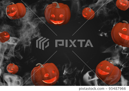 Simple background with flying Scary Halloween pumpkins with smoke on background Simple background with flying Scary Halloween pumpkins with smoke on background 93487966