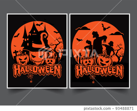Halloween night party background with pumpkins, full Moon, Halloween banner vectot Halloween night party background with pumpkins, full Moon, Halloween banner vectot 93488871