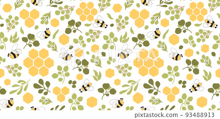 Floral honeycomb pattern. Green natural bee honey pattern Bee seamless pattern. Cute green leaves branches bee honeycomb background. Organic honey template. Vector illustration. Floral bee print. 93488913