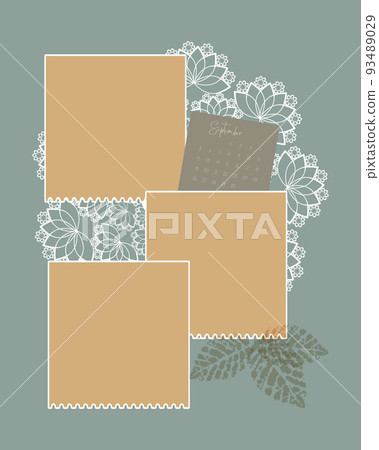 Photobook Collage and September 2022 calendar template frame, scrapbooking, lace, leaf stamp imprint. 93489029