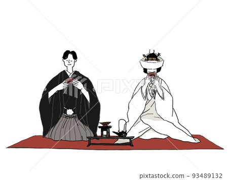 Bride and groom in kimono sitting on a blanket and drinking sacred sake from a cup (kakukakushi), color Bride and groom in kimono sitting on a blanket and drinking sacred sake from a cup (kakukakushi), color 93489132