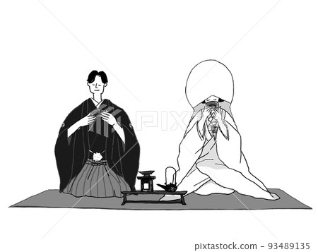 Bride and groom in kimono (cotton hat) sitting on a rug and drinking sacred sake from a cup, monotone Bride and groom in kimono (cotton hat) sitting on a rug and drinking sacred sake from a cup, monotone 93489135