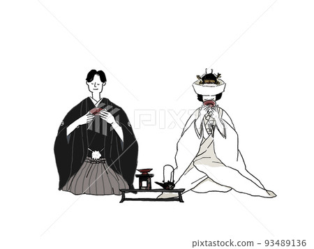 Bride and groom in Japanese dress sitting on their knees and drinking sacred sake from a cup (hidden corner), color 93489136