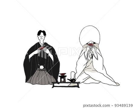 Japanese-style bride and groom (cotton hat) sitting on their knees and drinking sacred sake from a cup, color 93489139