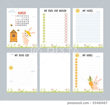 March 2023. Calendar with cute bunny beekeeper in apiary with bees. Vector set vertical page templates planner, to-do list, my plan and notes. Week from Sunday in English. Chinese year rabbit. March 2023. Calendar with cute bunny beekeeper in apiary with bees. Vector set vertical page templates planner, to-do list, my plan and notes. Week from Sunday in English. Chinese year rabbit. 93489487