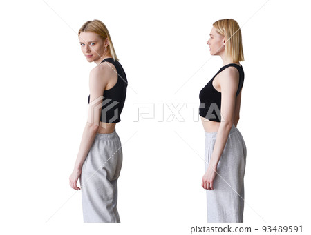 Woman slouching and straightening showing good and bad posture 93489591