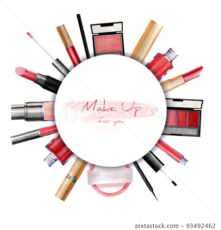 Frame made of cosmetics elements in a watercolor style. 93492462