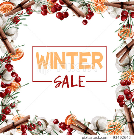 Decorative frame with oranges, cotton, berries and green twigs, cinnamon for decor and decoration. Watercolor illustration with new year elements Decorative frame with oranges, cotton, berries and green twigs, cinnamon for decor and decoration. Watercolor illustration with new year elements 93492643