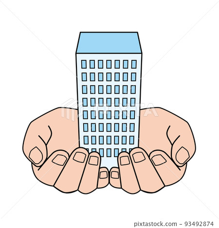 A hand holding a company building 93492874