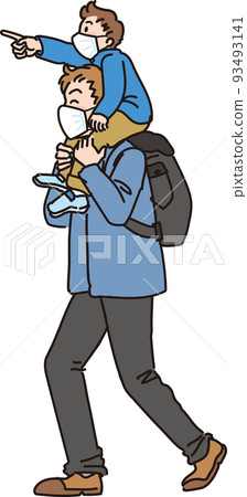 Walking with a mask _ parent and child in winter clothes _ dad who shoulders a boy 93493141