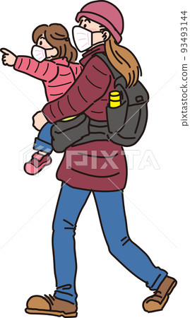 Walking with a mask _ Parent and child in winter clothes _ Mom walking with a girl pointing in front 93493144
