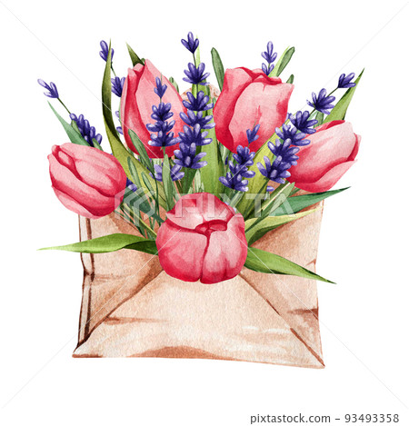 Watercolor floral composition of pink tulips and purple lavender. Flowers in a craft envelope. Suitable for stickers, postcards, decor Watercolor floral composition of pink tulips and purple lavender. Flowers in a craft envelope. Suitable for stickers, postcards, decor 93493358