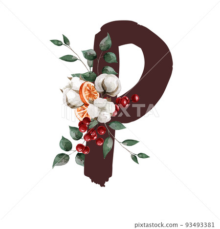 Capital letter P with leaves, cotton, berry and orange in watercolor style. Suitable for postcards, invitations, gifts, brochures, websites etc. 93493381