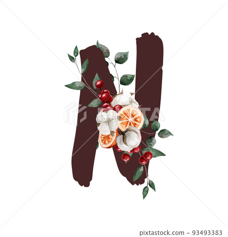 Capital letter N with leaves, cotton, berry and orange in watercolor style. Suitable for postcards, invitations, gifts, brochures etc. Capital letter N with leaves, cotton, berry and orange in watercolor style. Suitable for postcards, invitations, gifts, brochures etc. 93493383