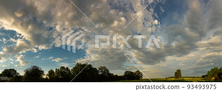 Beautiful sunset rural landscape. Vegetable garden, agriculture, incredible sky 93493975