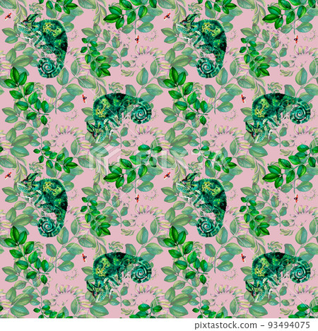 Chameleons with floral ornate pattern watercolor illustration Chameleons with floral ornate pattern watercolor illustration 93494075
