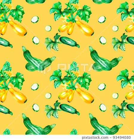Green squashes, slices watercolor illustration seamless pattern Green squashes, slices watercolor illustration seamless pattern 93494080
