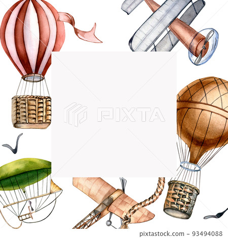 Board of retro airplanes watercolor illustration isolated on white background. Board of retro airplanes watercolor illustration isolated on white background. 93494088