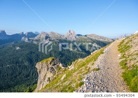 Dolomites panoramic view at morning sunrise time Dolomites panoramic view at morning sunrise time 93494304