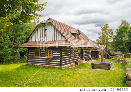 timbered house - czech traditional wooden house at Vesely Kopec, Bohemian-Moravian Highlands, Czech republic timbered house - czech traditional wooden house at Vesely Kopec, Bohemian-Moravian Highlands, Czech republic 93494583