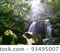 A waterfall bathed in sunlight filtering through the trees in the mountains 93495007