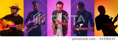 Portraits of pop and rock musicians with musical tools isolated on multicolored background in neon light. Portraits of pop and rock musicians with musical tools isolated on multicolored background in neon light. 93496030