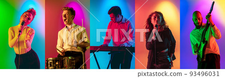 Portraits of pop and rock musicians with musical tools isolated on multicolored background in neon light. Portraits of pop and rock musicians with musical tools isolated on multicolored background in neon light. 93496031