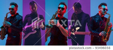 Portraits of pop and rock musicians with musical tools isolated on multicolored background in neon light. Portraits of pop and rock musicians with musical tools isolated on multicolored background in neon light. 93496038