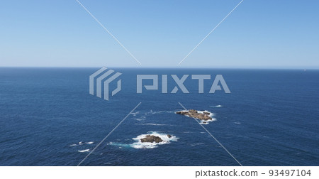 Rocky islands in sea near A Coruna city in Galicia district of Spain 93497104