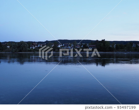 Blue scenery of Rhine River in STEIN AM RHEIN town in SWITZERLAND 93497199