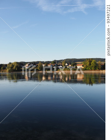 Rhine River in european STEIN AM RHEIN town in SWITZERLAND - vertical 93497221