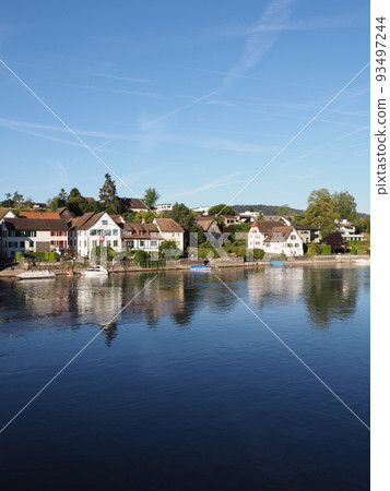 Waterfront on Rhine River in STEIN AM RHEIN in SWITZERLAND - vertical 93497244