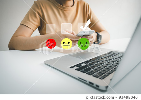 Customer satisfaction very good service with smart phone, impression of take care and attention, choose a smiley face icon, answer the survey, give the highest score, very happy feedback from guest. Customer satisfaction very good service with smart phone, impression of take care and attention, choose a smiley face icon, answer the survey, give the highest score, very happy feedback from guest. 93498046
