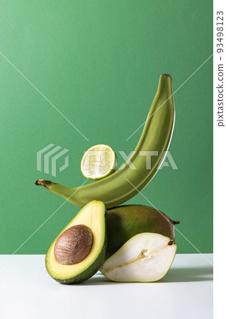 Set of healthy food, fruits and vegetables. Avocado, banana, mango, pear, lime. healthy smoothies ingredients Set of healthy food, fruits and vegetables. Avocado, banana, mango, pear, lime. healthy smoothies ingredients 93498123