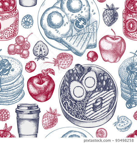 Breakfast seamless pattern background design. Engraved style. Hand drawn pancakes, bowl with avocado, chia pudding, fried eggs, raspberry, blueberry, strawberry, apples, paper cup. Breakfast seamless pattern background design. Engraved style. Hand drawn pancakes, bowl with avocado, chia pudding, fried eggs, raspberry, blueberry, strawberry, apples, paper cup. 93498258