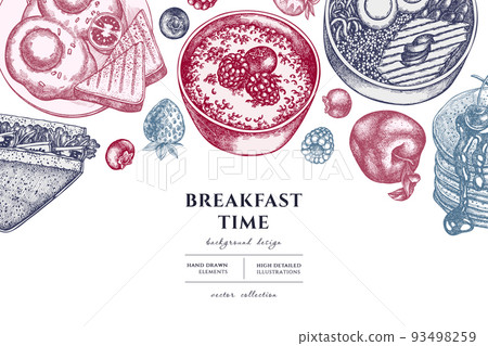 Breakfast hand drawn illustration design. Background with vintage sandwich, pancakes, bowl with avocado, porridge with berries, fried eggs, raspberry, blueberry, strawberry, apples. Breakfast hand drawn illustration design. Background with vintage sandwich, pancakes, bowl with avocado, porridge with berries, fried eggs, raspberry, blueberry, strawberry, apples. 93498259