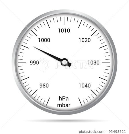 Realistic illustration of barometer dial with numbers, hand and metal border. Black mbar and hPa markings on a white background, vector 93498321