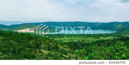 natural landscape of Kunashir island, view of the Golovnin volcano caldera with hot lakes natural landscape of Kunashir island, view of the Golovnin volcano caldera with hot lakes 93498795