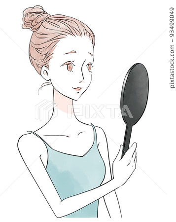 Skin care Illustration of a smiling woman holding a hand mirror (watercolor style) 93499049