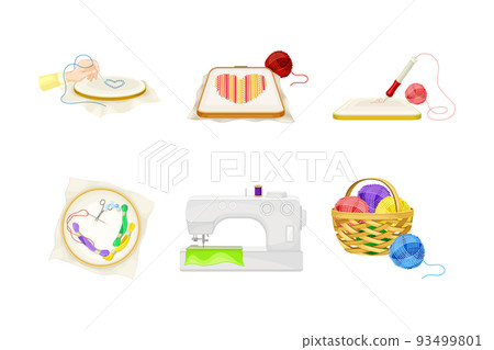 Set of embroidery and needlework. Handmade crafts and sewing tools. Hobby objects cartoon vector illustration Set of embroidery and needlework. Handmade crafts and sewing tools. Hobby objects cartoon vector illustration 93499801