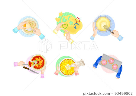 Set of human hands cooking and baking, top view vector illustration Set of human hands cooking and baking, top view vector illustration 93499802